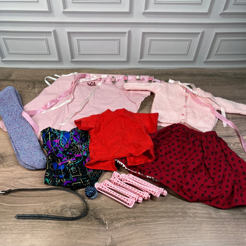 American Girl Doll Clothing Accessories Lot 18" Pink Red Skirt Cardigan Rollers